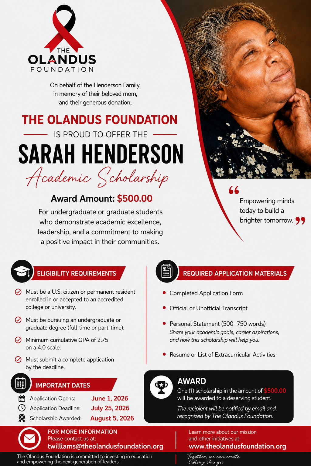 Sarah Henderson Academic Scholarship Flyer — The Olandus Foundation